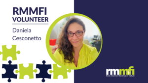 Graphic with a white background and navy blue and bright green accents with a circular framed photo of a woman with glasses and a green shirt. Headline text reads "RMMFI Volunteer - Daniella Cesconetto" with an RMMFI logo. Smaller text reads "She’s a trilingual IT professional who provides our Spanish Language entrepreneurs with coaching, mentoring, and workshops."