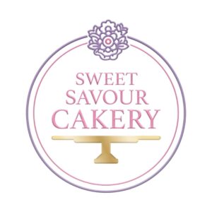 The logo for Sweet Savour Cakery showcases a purple outlined circle adorned with a floral design at the top. Inside, "Sweet Savour Cakery" is elegantly scripted in pink above a gleaming gold cake stand graphic, capturing the essence of sweet indulgence.