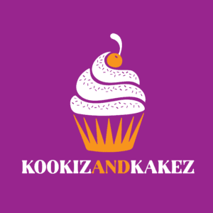 Logo featuring a white swirled cupcake with an orange base and cherry on top, set against a purple background. The text "Kookiz And Kakez, LLC" is bold in white and orange letters beneath the cupcake.
