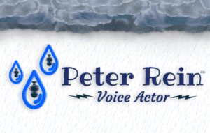 Logo design for Peter Rein VO, the Voice Actor. The image showcases a cloudy sky with rain and blue raindrops containing microphones. The text reads "Peter Rein VO" highlighted by a striking lightning bolt accent.