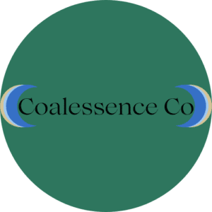 The logo features the words "Coalessence Co" at its heart, embraced by crescent shapes in soothing blue and gold tones, all elegantly enclosed within a dark green circle.