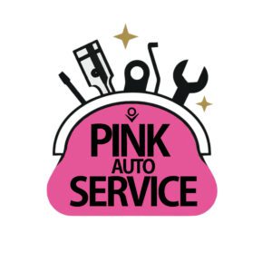 Logo for Pink Auto Service showcases a pink silhouette of a purse brimming with black-outlined tools—wrench, screwdriver, pliers—and adorned with three gold stars. The name "Pink Auto Service" stands proudly at the center.