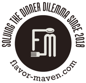Logo of Flavor Maven features a stylized "FM" with a fork and spoon, symbolizing a culinary journey. Text reads: "Solving the dinner dilemma since 2018" and "flavor-maven.com" on a dark circular background.