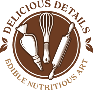 Logo with a brown circular background featuring a white piping bag, whisk, and rolling pin in the center. Text reads "Delicious Art" at the top and "Edible Nutritious Art" at the bottom, accompanied by decorative leaves on the sides.