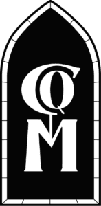 A black and white logo with a Gothic arch shape, featuring the letters "C" and "M" in bold white font, evokes a mystic allure.