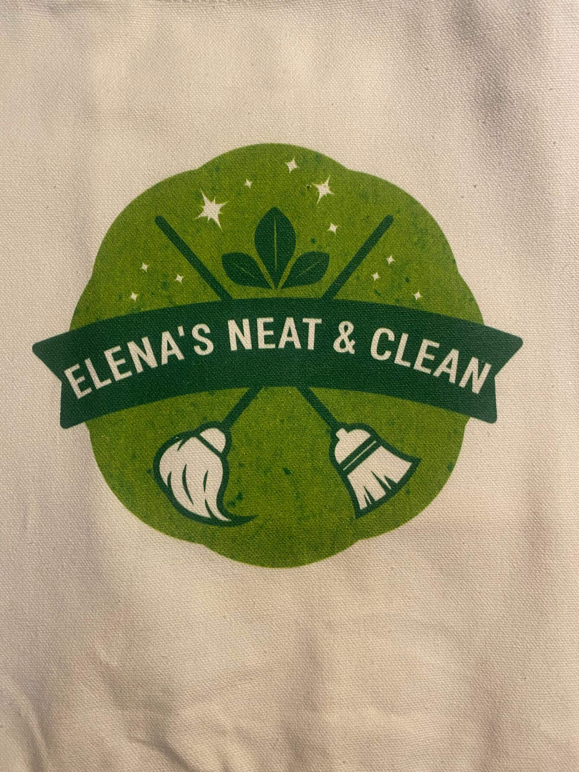 A green and white logo for "Elena’s Neat & Clean LLC" features a mop and broom crossed over each other, with a plant and stars in the background, perfectly embodying this dedicated cleaning service.