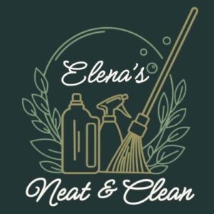Logo for Elena’s Neat and Clean, LLC, featuring outlines of a spray bottle, detergent bottle, and broom, surrounded by leafy branches and bubbles on a dark background—perfectly representing professional cleaning services.