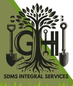 A logo featuring a tree with tools like a shovel and wrenches integrated into the design. The letters "GHI" intertwine with the tree, while "SDMS Integral Services LLC" is displayed below. The background elegantly combines diagonal green and white sections.
