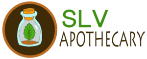 The SLV Apothecary logo showcases a stylized bottle with a green leaf inside, encircled by a brown border. "SLV Apothecary" is elegantly displayed in green and brown text to the right.