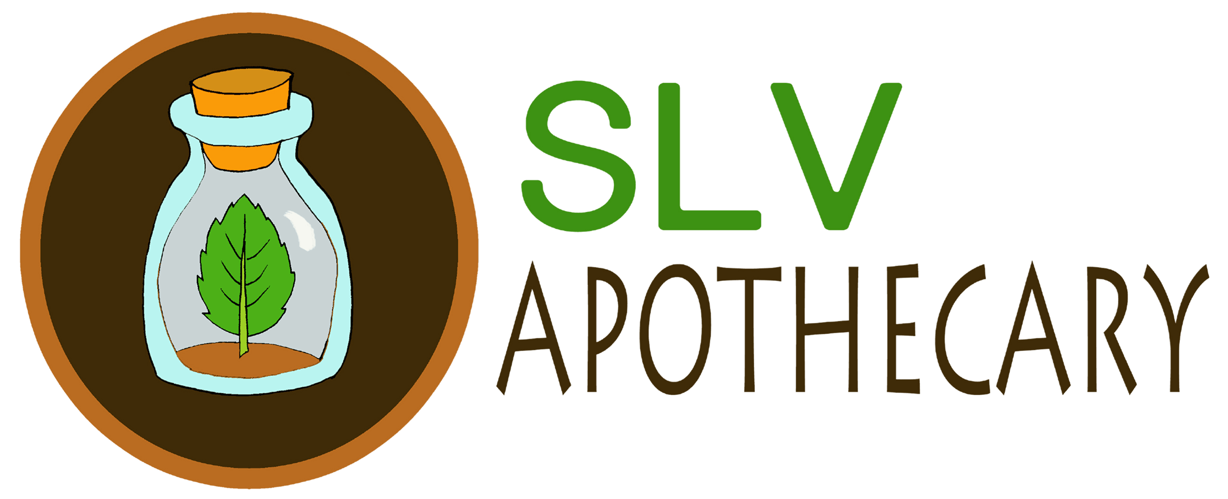 The SLV Apothecary logo showcases a stylized bottle with a green leaf inside, encircled by a brown border. "SLV Apothecary" is elegantly displayed in green and brown text to the right.