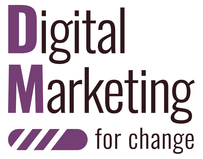 Logo with the text "Digital Marketing for Change" in dark purple. The letters "DM" are bold, with a stylized oval and stripes beneath them, symbolizing collaboration and innovation in digital marketing.