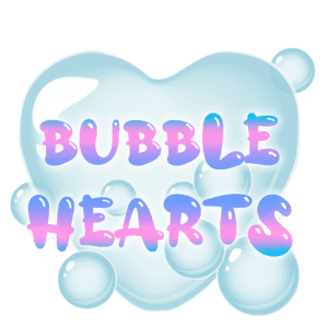 A large, translucent heart made of bubbles with the words "BUBBLE HEARTS" in pink and blue gradient bubble-style letters, surrounded by smaller bubbles—perfect for showcasing your Bubble Heart Soap or other natural soap creations.
