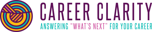 Logo for Career Clarity. Features a colorful circular design on the left with the text "CAREER CLARITY" in capital letters. Below, it reads "Answering 'What's Next' for Your Career." Inspired by Lara Buelow’s dedication to providing career insights through her Volunteer Spotlight at RMMFI.