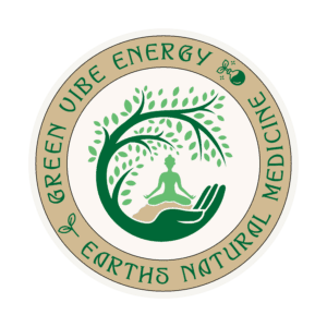 A circular logo with the text "Green Vibe Energy, Earth's Natural Medicine" features a stylized tree and a meditating figure on a hand, symbolizing harmony with nature. Topped with a small icon of a leaf and molecule, it embodies green technology solutions for sustainable energy.