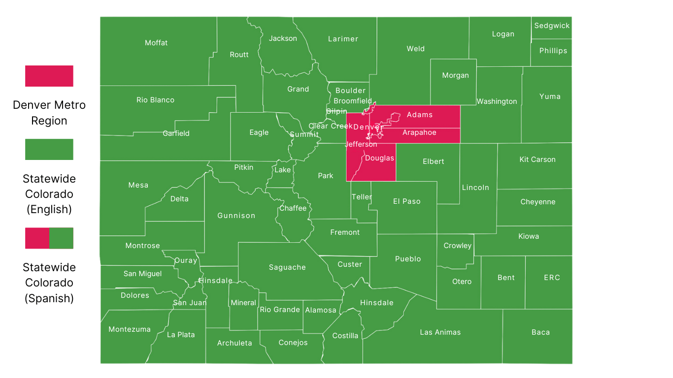 Map of Colorado counties showing three regions: Denver Metro Region in pink, Statewide Colorado (English) in green, and Statewide Colorado (Spanish) in light green. Use this map to Find Your Site by region; most counties are shown in green.