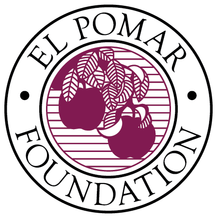 The logo of El Pomar Foundation showcases a circular design with purple apples and leaves at its heart, set against a striped background. Encircling the image in black text are the words "El Pomar Foundation," symbolizing unity and collaboration with its valued partners.
