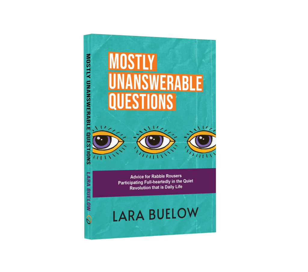 Book cover of "Mostly Unanswerable Questions" by Lara Buelow. The teal background features three illustrated eyes. The subtitle reads: "Advice for RMMFI Volunteers and rabble rousers participating full-throatedly in the quiet revolution that is daily life.