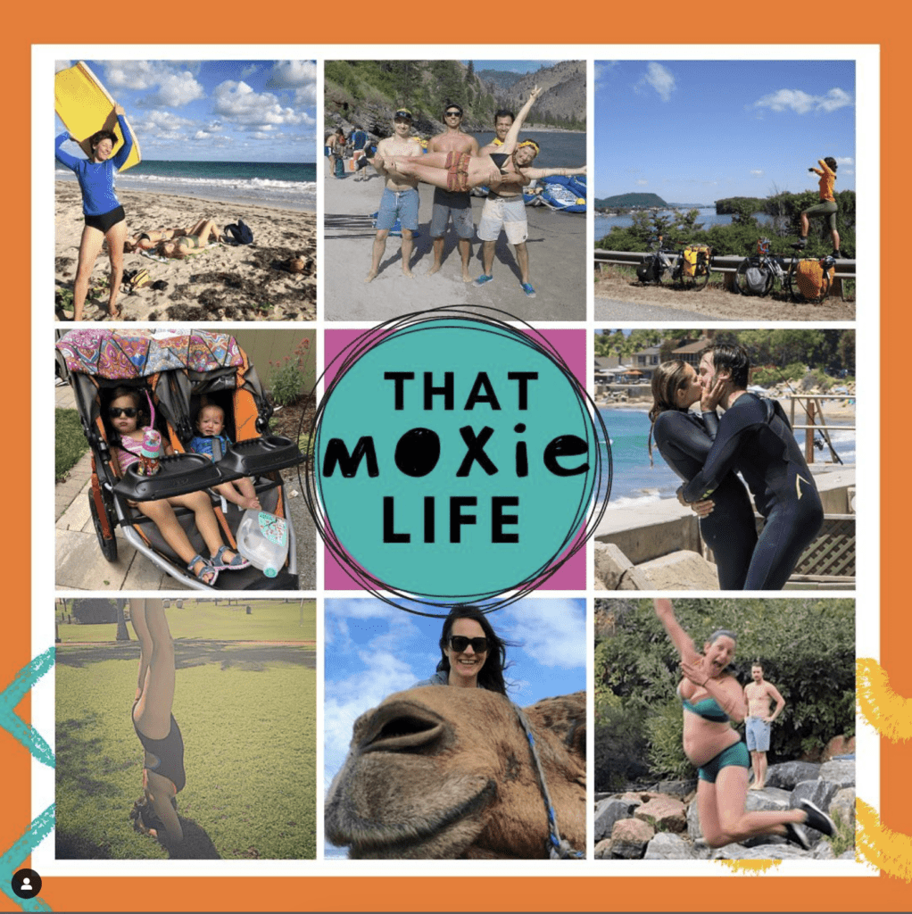 Volunteer Spotlight: Lara Buelow 5 Collage of vibrant outdoor activities: surfing, biking, family with toddlers in a stroller, snorkeling kiss, handstand, camel close-up, and a couple at a rocky beach. Central text reads "That Moxie Life" in a colorful circle. Featuring Lara Buelow's adventurous spirit.