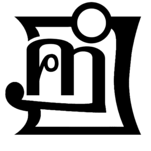 Stylized black and white abstract design featuring bold, interlocking curved and angular shapes, reminiscent of artistic or calligraphic lettering, centered on a white background.