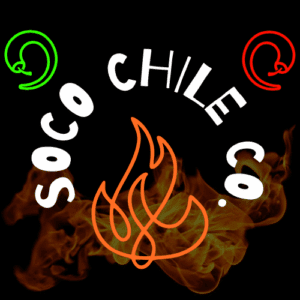 Logo for SOCO Chile with stylized white text, red and green chili pepper outlines, and an orange flame drawing over a smoky background on black—capturing the bold spirit of this Southern Colorado chile company.