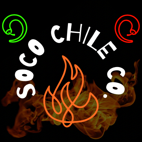 Logo for SOCO Chile with stylized white text, red and green chili pepper outlines, and an orange flame drawing over a smoky background on black—capturing the bold spirit of this Southern Colorado chile company.