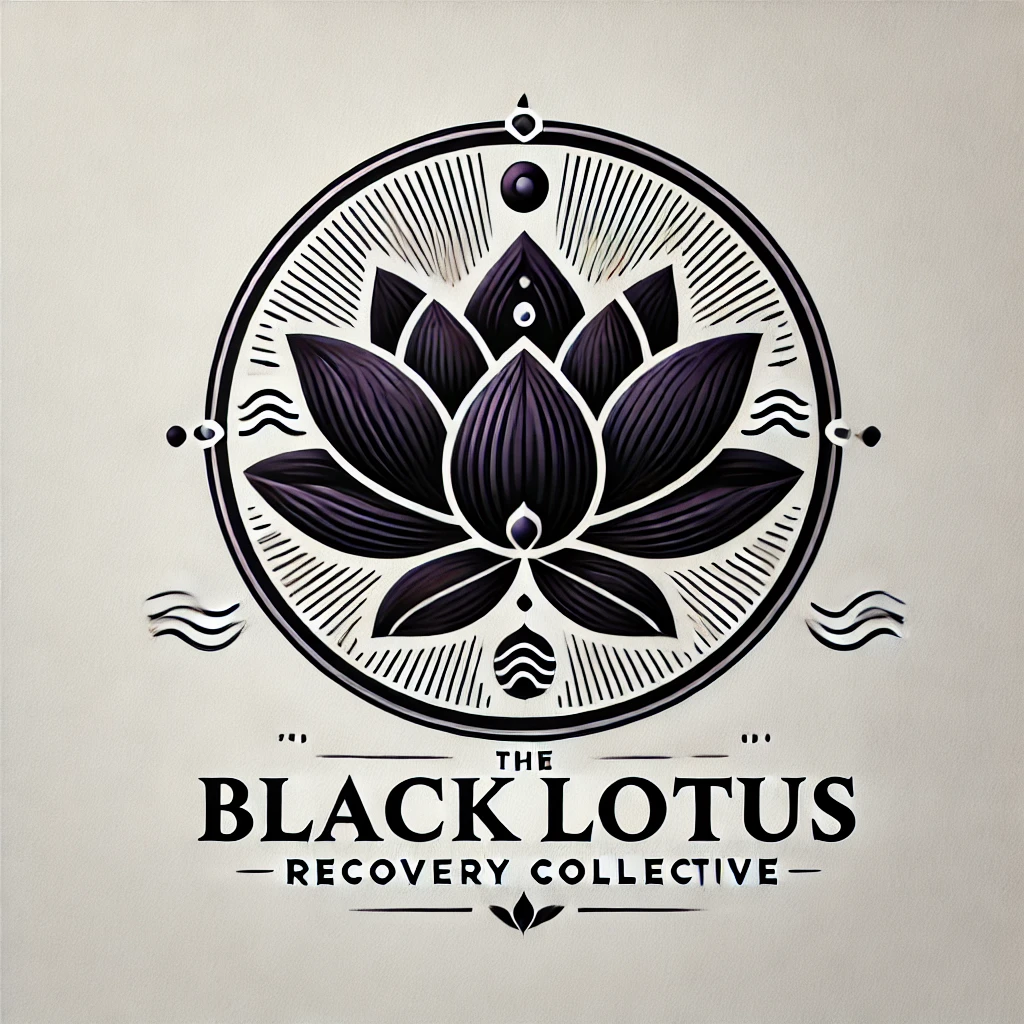A stylized black lotus flower inside a circular design with decorative lines and dots. Below it, the text reads: "THE BLACK LOTUS RECOVERY COLLECTIVE," highlighting addiction support on a light gray background.