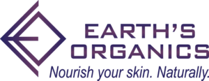 Earth’s Organics logo featuring a purple geometric leaf design to the left and the Earth’s Organics name in bold purple text. Below, the slogan reads: “Nourish your skin. Naturally” in italic purple font.