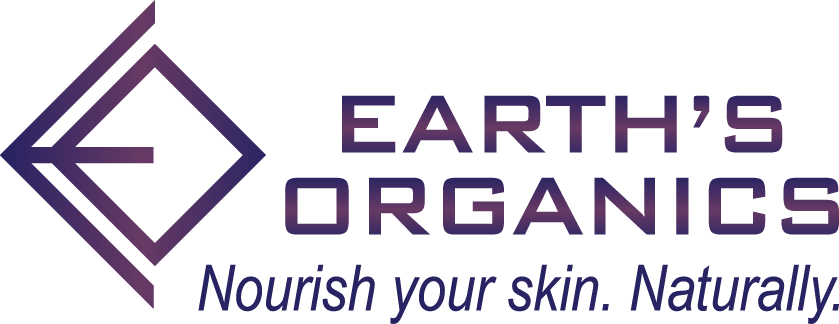 Earth’s Organics logo featuring a purple geometric leaf design to the left and the Earth’s Organics name in bold purple text. Below, the slogan reads: “Nourish your skin. Naturally” in italic purple font.