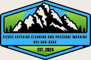 Logo features a mountain graphic, trees, and blue sky. Text reads: "Pierce Exterior Cleaning and Pressure Washing 651-666-8666" with "Est. 2024" at the bottom of the blue and green badge shape, highlighting expert exterior cleaning.