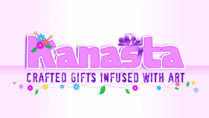 Logo for "Kanasta" in bold pink letters with decorative flowers and a purple bow; tagline below reads, "Crafted Gifts Infused with Art" with colorful flowers and leaves. Background is light pink.
