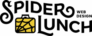 A black spider with eight legs is perched on a yellow web inside a square, next to bold black text that reads "Project Web," symbolizing web development and SEO excellence.
