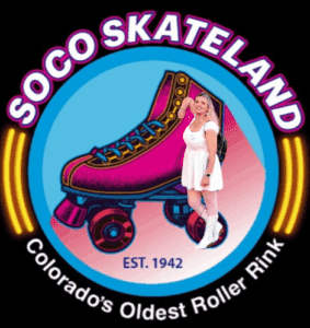 Logo for SOCO Skateland featuring a large pink roller skate and a smiling woman in a white dress and roller skates, capturing the fun of roller skating. Text reads, “SOCO SKATELAND, Colorado’s Oldest Skating Rink, EST. 1942.”.