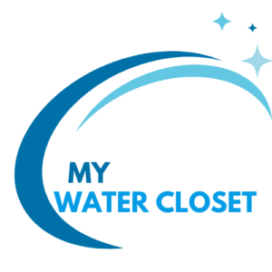 Logo with the text "MY WATER CLOSET" in blue, under a sweeping curved blue line and three sparkling stars above the curve, evoking bathroom cleanliness and freshness.