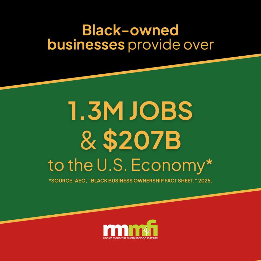 Owning the Future: What Juneteenth Means for Black Entrepreneurs 1 Graphic stating "Black-owned businesses provide over 1.3M jobs & $207B to the U.S. Economy." Source: AEO, 2025. Celebrate Juneteenth by supporting Black entrepreneurs owning the future. Includes Rocky Mountain MicroFinance Institute logo at the bottom.