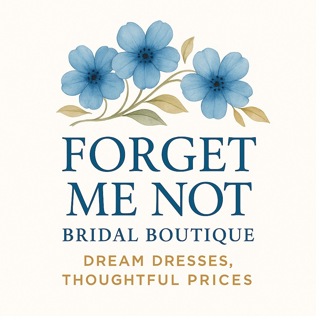 Logo for "Forget Me Not Bridal Boutique" featuring three blue forget-me-not flowers above the name, with the tagline "Dream Dresses, Thoughtful Prices" in gold text below—perfectly capturing the elegance of a modern bridal boutique.