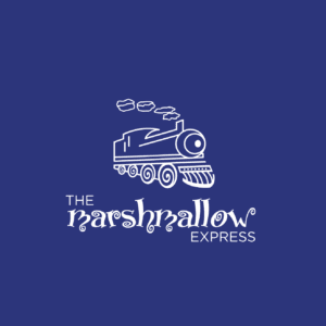 A white outline of the Marshmallow Expres steam train, with marshmallows as smoke above it and playful "The Marshmallow Express" text, all set against a dark blue background.