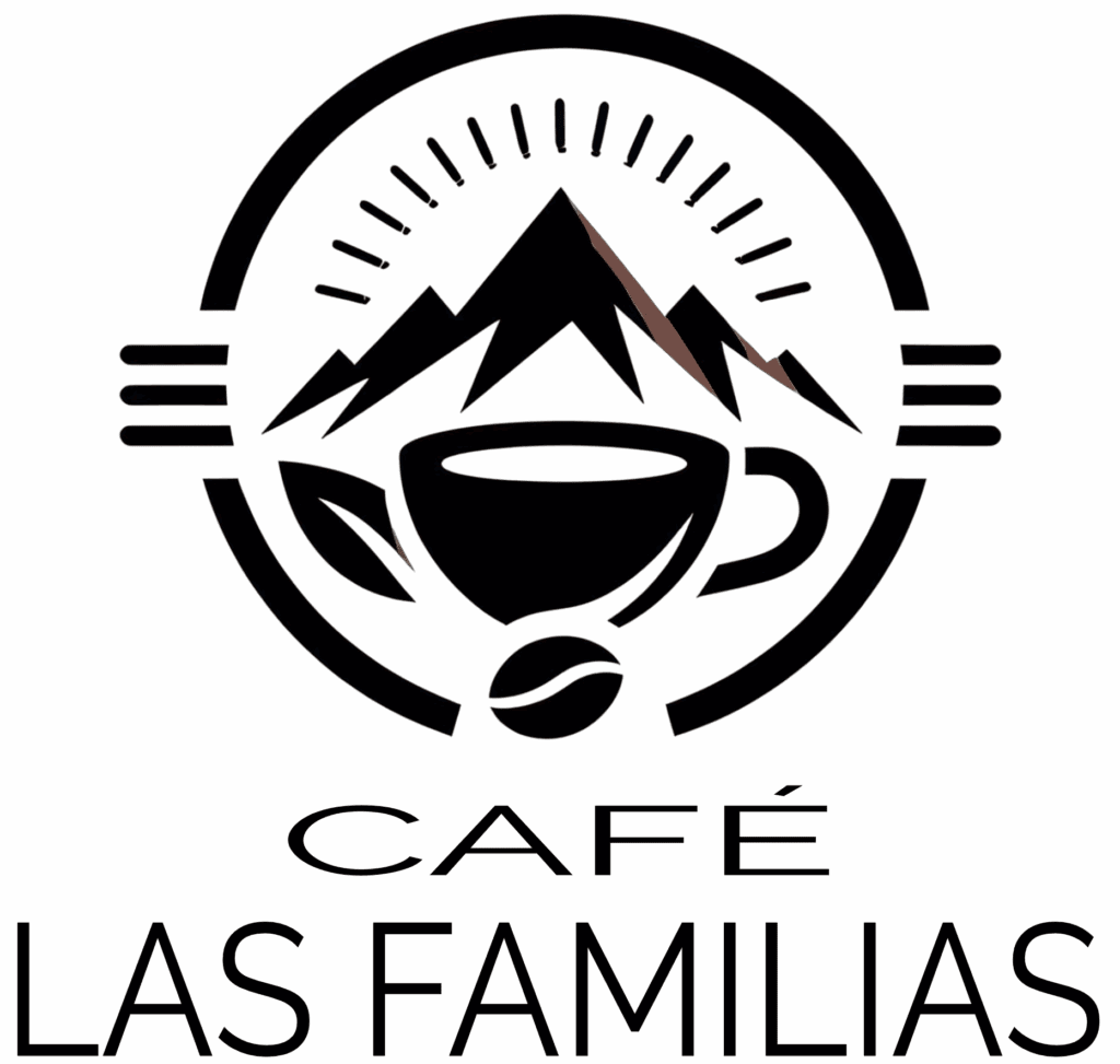 Logo for Cafe Las Familias LLC featuring a coffee cup with a mountain range above it, a coffee bean below, and stylized lines encircling the design. The text "CAFÉ LAS FAMILIAS" sits beneath the logo, reflecting the cafe’s inviting spirit.