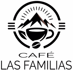 Logo for Cafe Las Familias LLC featuring a coffee cup with a mountain range above it, a coffee bean below, and stylized lines encircling the design. The text "CAFÉ LAS FAMILIAS" sits beneath the logo, reflecting the cafe’s inviting spirit.