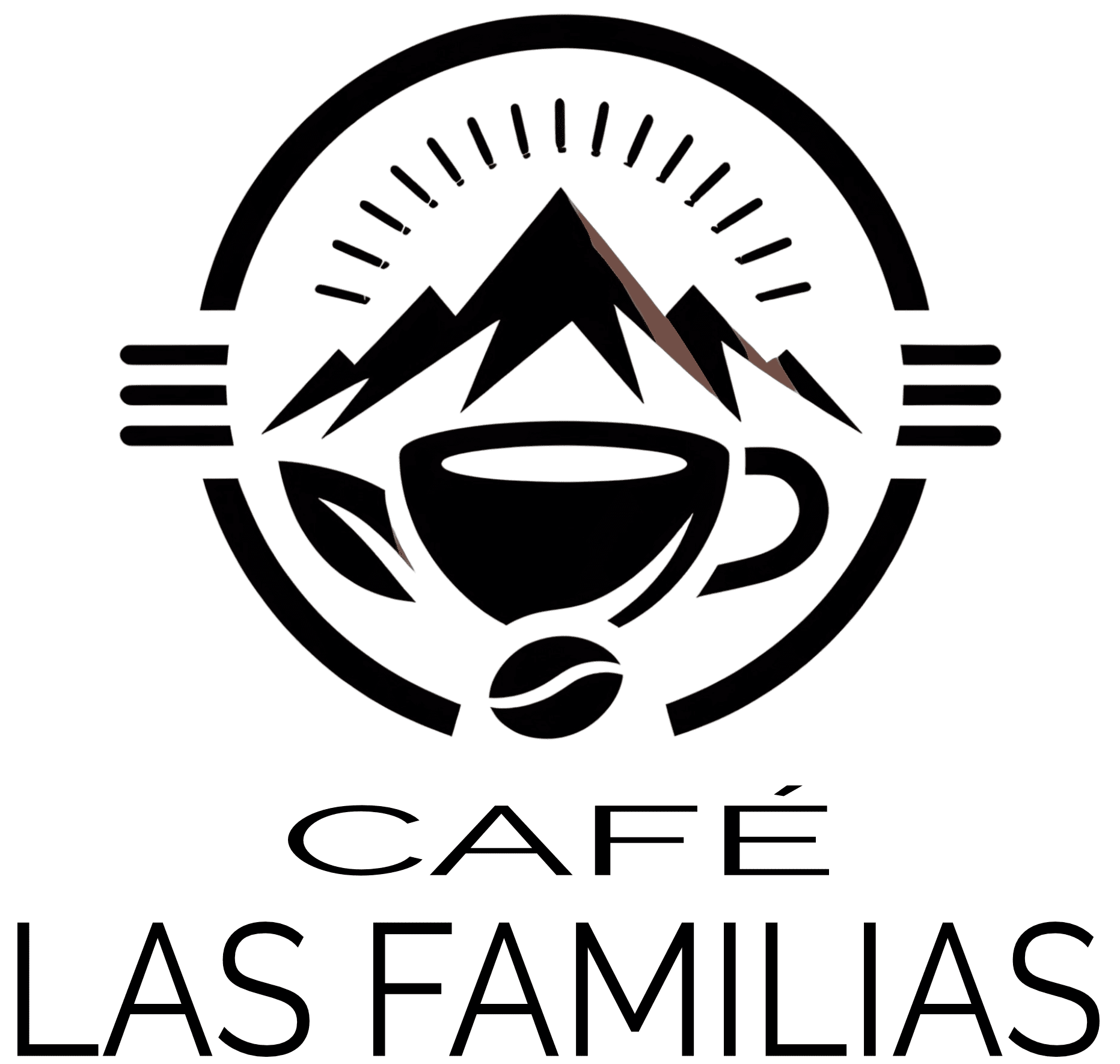 Logo for Cafe Las Familias LLC featuring a coffee cup with a mountain range above it, a coffee bean below, and stylized lines encircling the design. The text "CAFÉ LAS FAMILIAS" sits beneath the logo, reflecting the cafe’s inviting spirit.