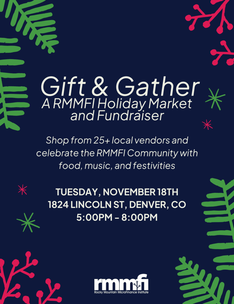 Event flyer with green and red festive illustrations on a dark background. Text promotes “Gift & Gather: An RMMFI holiday market and fundraiser” on November 18th, 5–8 PM at 1824 Lincoln St, Denver, CO.